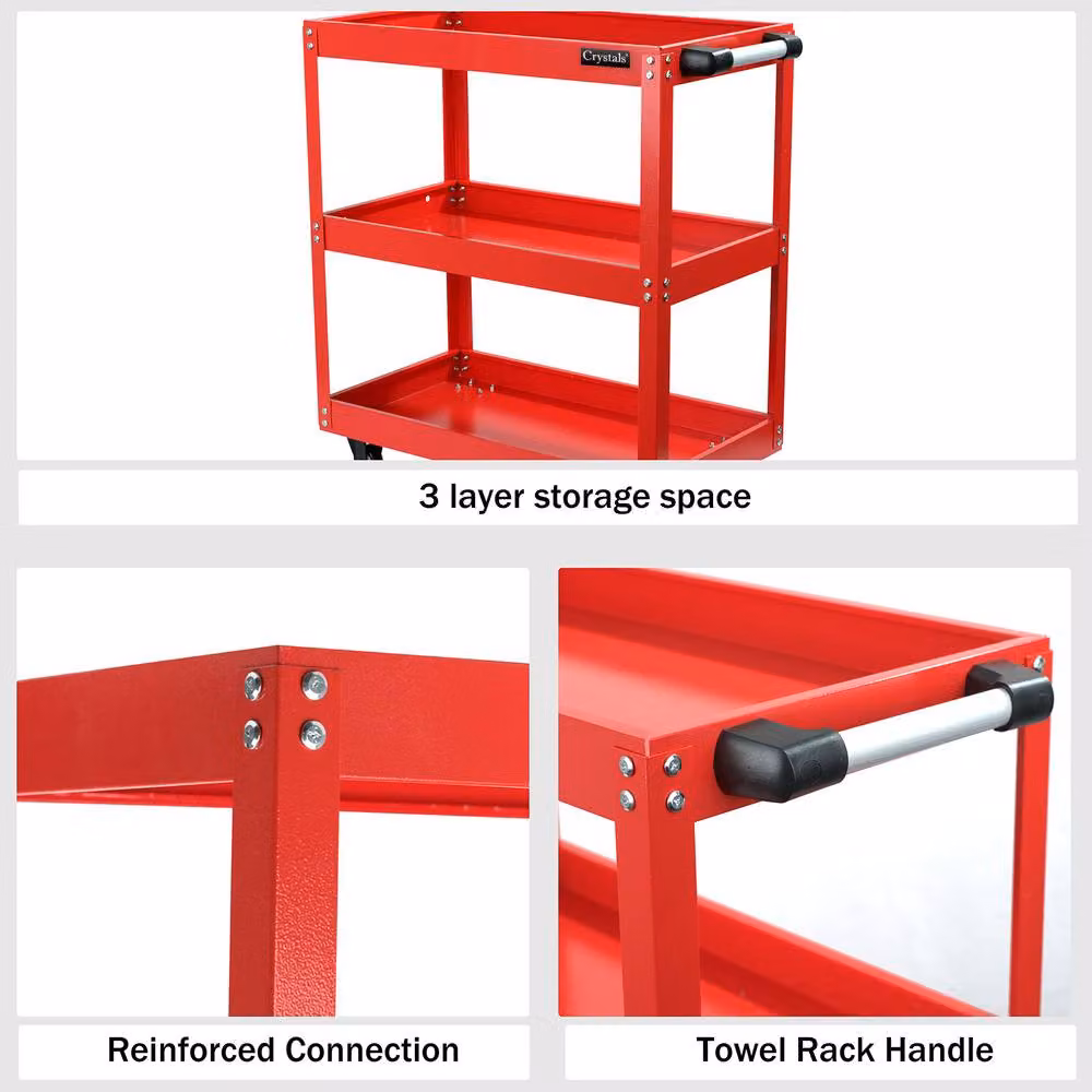 Crystals 3 Tier Heavy Duty Tool Storage Cart with Wheels in Red, W: 52 cm, D: 52 cm, H: 74 cm – 3