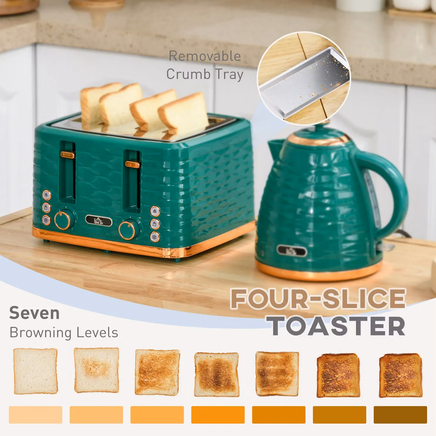 HOMCOM Kettle and Toaster Set in Green, 1.7 l – 4