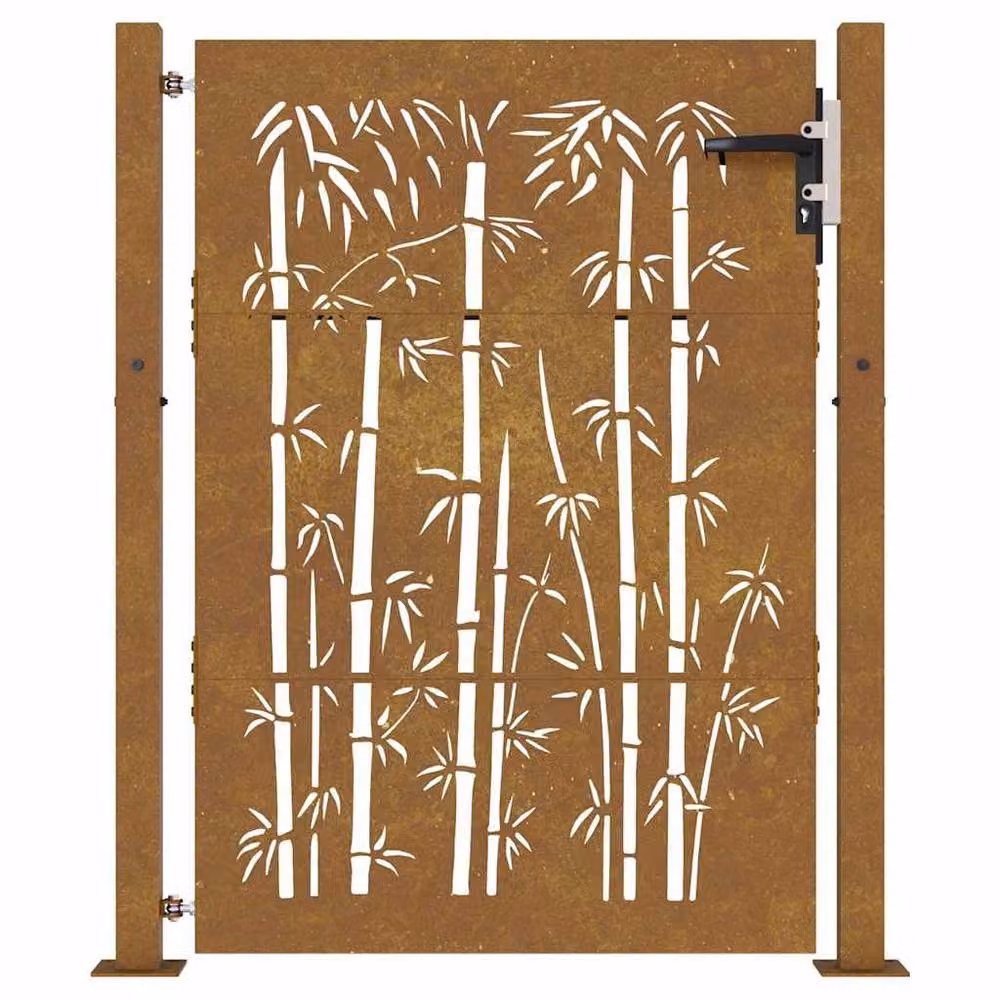 Berkfield Home Beautiful Garden Gate, Brown Corten Steel with Bamboo Design, W: 105 cm, H: 130 cm – 4