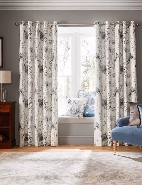 Laura Ashley Pallington Bloom Blue Mix Floral Cotton Rich Eyelet Blackout Thermal Curtains