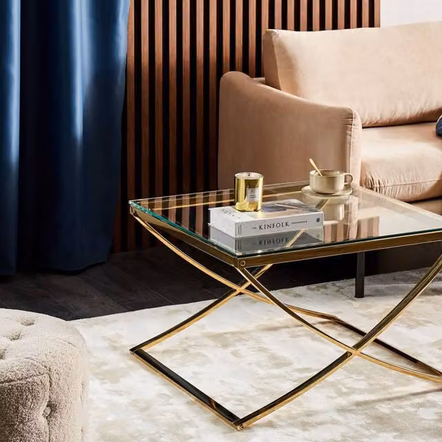 Wyld and Coco Glass Top Coffee Table with Gold X Frame, W/D/H: 70 x 70 x 45 cm
