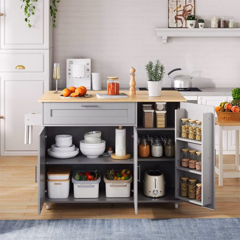 BTM Kitchen Island on Wheels with Spice Rack and Towel Holder in Grey, H: 90.0 cm x W: 44.0 cm x D: 132.5 cm – 3