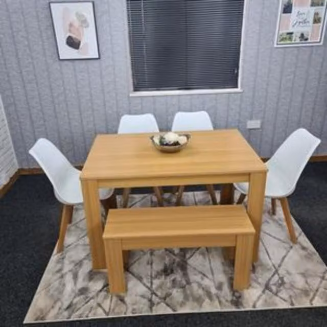 KOSY KOALA 6 Seater Modern Light Wood Effect Dining Table Set with 4 White Plastic Chairs and Bench, H75 x L140 x W80 cm