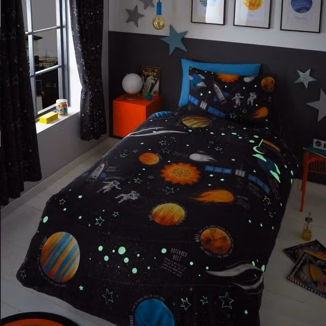 Happy Linen Company Kids Planets Space Rockets Glow In The Dark Navy Blue Duvet Cover Set, W/D/H: 90 x 200 cm – 1