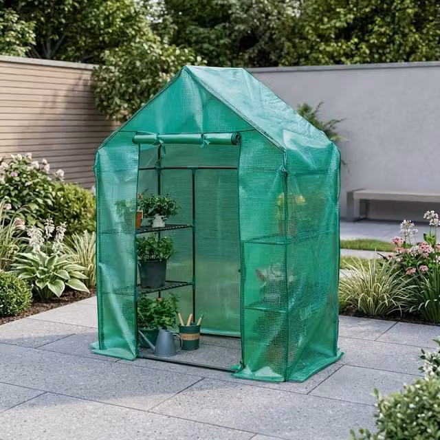 Garden Greatness 3 Tier Walk-In Greenhouse with Shelving, Green, H x W x D: 195 x 143 x 73 cm
