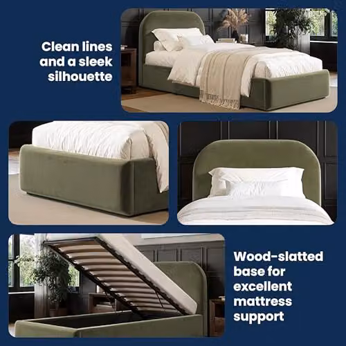 Flair Furnishings Alba Single Ottoman Bed Frame with Storage and Curved Headboard in Khaki Velvet, W/D/H: 90 x 190 cm – 6