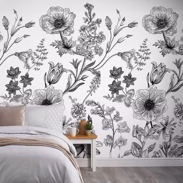 Grandeco Floral Botanical Flower Outline Textured Wallpaper Mural in White and Black
