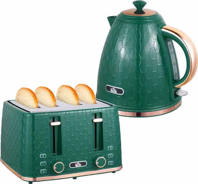 HOMCOM Kettle and Toaster Set in Green, featuring a 1.7L 3000W Fast Boil Jug Kettle and a 4-Slice Toaster with 7 Browning Levels and Crumb Tray