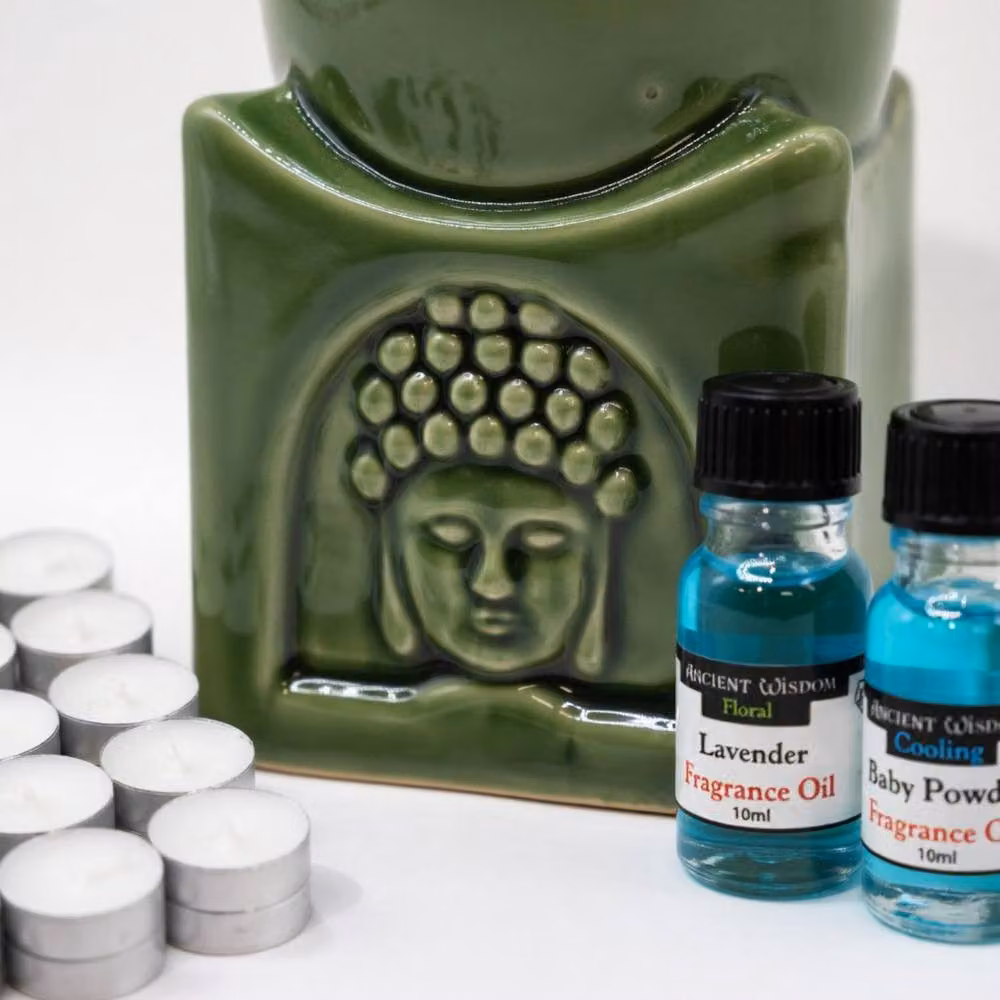 KDMD Serenity Ceramic Oil Burner Kit with Floral Fragrance Oils and Tealights in Green – 2