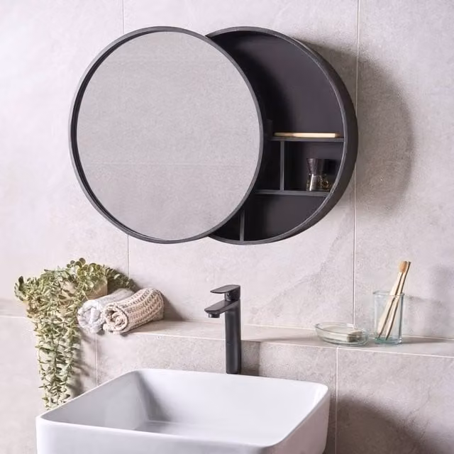 Wyld and Coco Black Bamboo Wall Mounted Mirror Cabinet with Sliding Doors W/D/H: 50 x 50 x 13 cm – 1