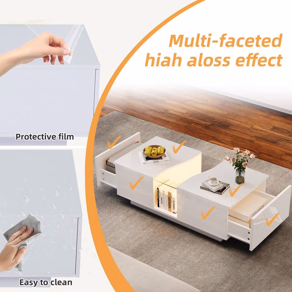 Rolipo High Gloss White LED Coffee Table with 2 Storage Drawers – 2