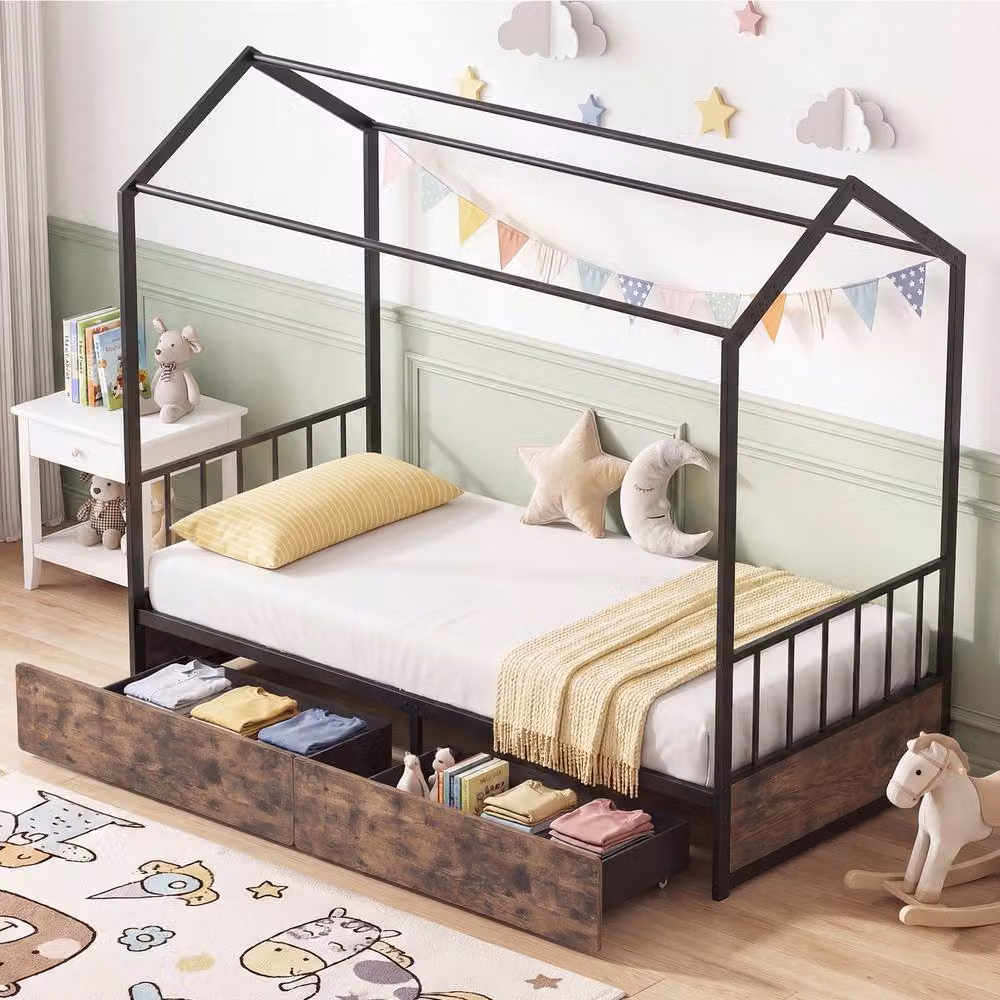 Costway Single Size Metal Bed Frame with 2 Drawers, Headboard and Footboard in Brown, W/D/H: 90 x 200 cm – 4