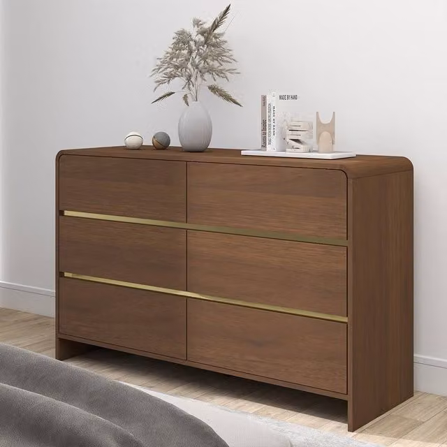 Melody Maison Meridian Walnut 6 Drawer Chest of Drawers in Brown and Gold – 1