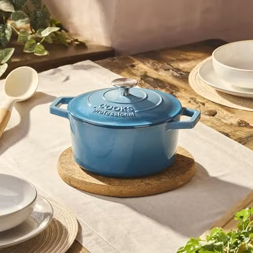 Cooks Professional Enamelled Cast Iron Casserole Dish with Lid and Handles, 2.8 l, Petrol – 2