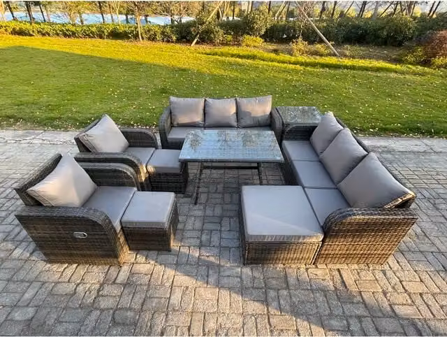 Fimous 11-Seater Rattan Outdoor Sofa and Dining Set in Dark Grey