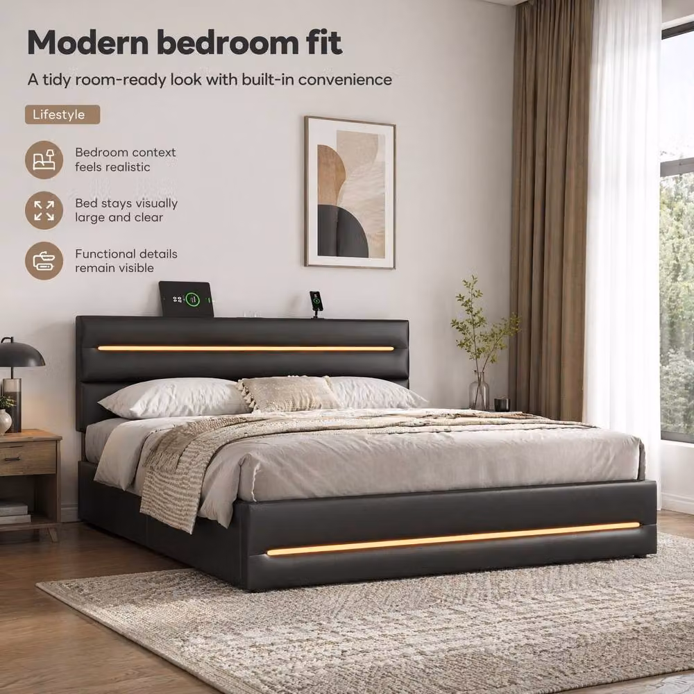 STILVORA Double Ottoman Bed with Storage, LED Lighting and USB Charging Port in Black – 5