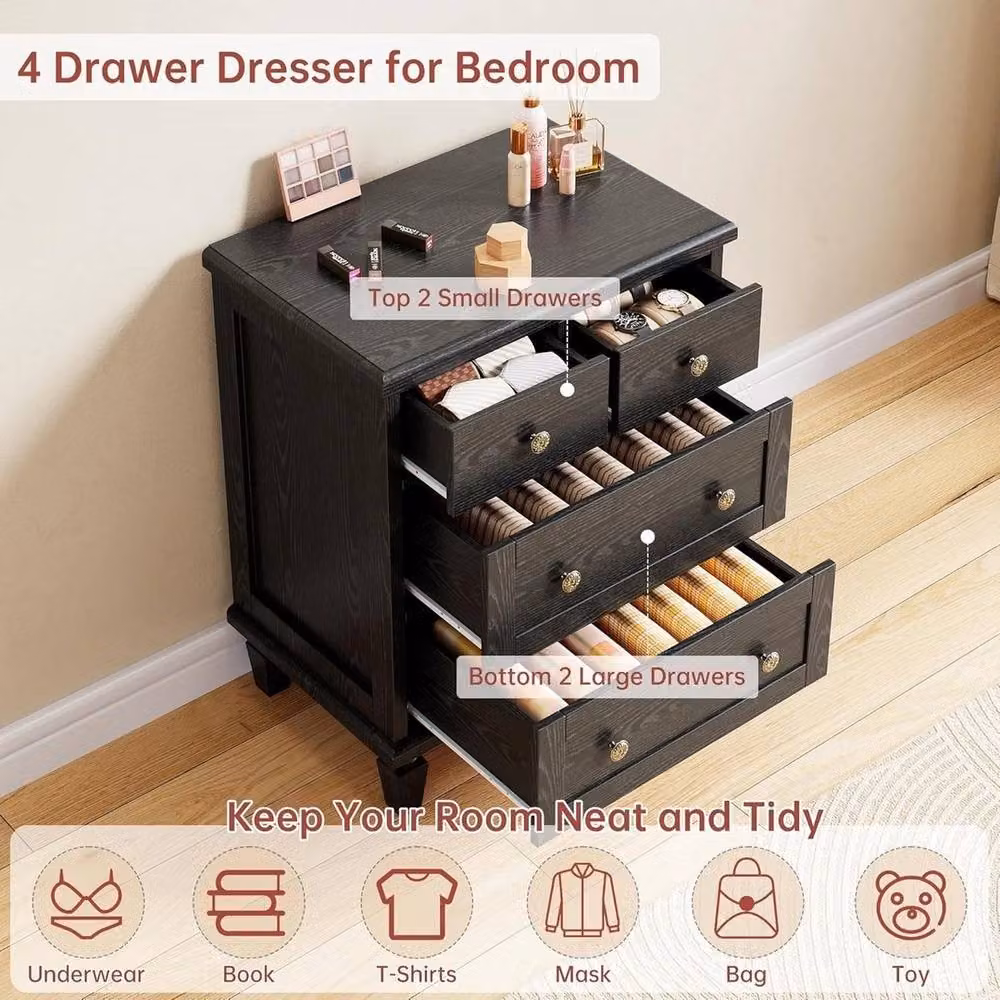 VOGREX 4 Drawer Wood and Metal Dresser in Black – 4
