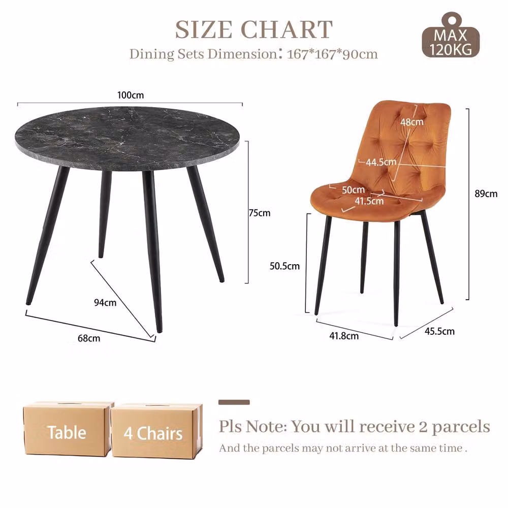 SONARA Black Marble Round Dining Table with 4 Orange Velvet Chairs Set – 2