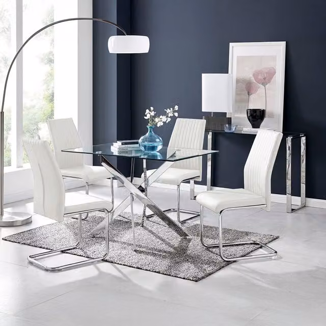 FurnitureboxUK Leonardo Glass and Chrome Metal Rectangular Dining Table with 4 White Lorenzo Dining Chairs