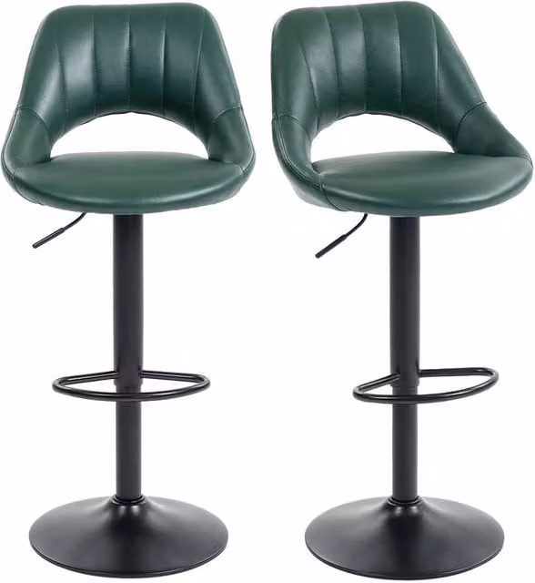 Nordara Set of 2 Green Synthetic Leather Swivel Barstools with Backrest and Footrest