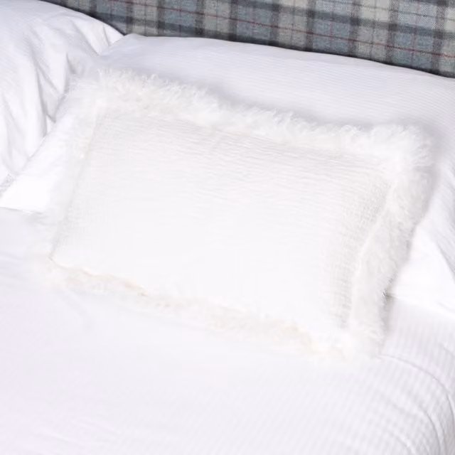 Native Natural Rectangular White and Beige Linen Cushion with Lambskin Trim