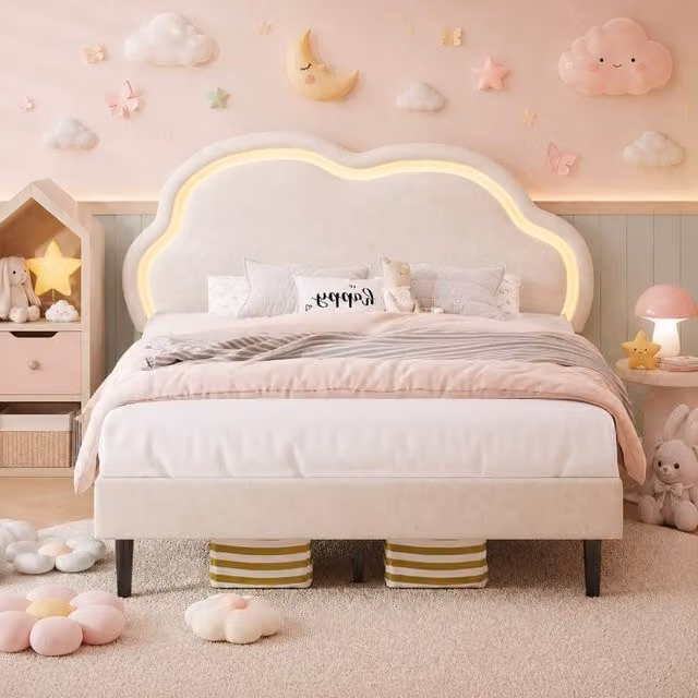 Merax Double Upholstered Bed in White with LED Adjustable Cloud Headboard, W/D/H: 140 x 200 cm