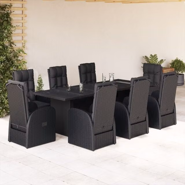 Berkfield Home 9 Piece Garden Dining Set with Cushions in Black Poly Rattan and Glass