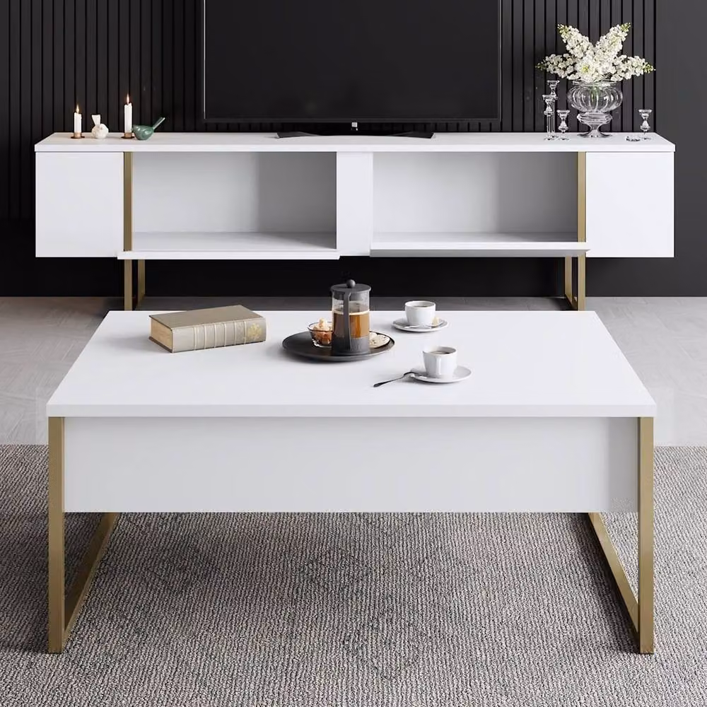 Calicosy Luxury Modern TV Stand with 2 Drop-Down Doors, White, W: 180 cm, D: 30 cm, H: 30 cm – 4
