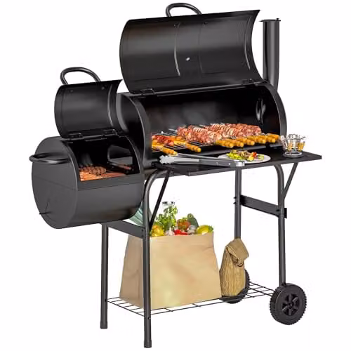 Outsunny Black Steel Offset Charcoal BBQ Grill with Thermometer and Wheels, W/D/H: 120 x 60 x 109 cm – 1