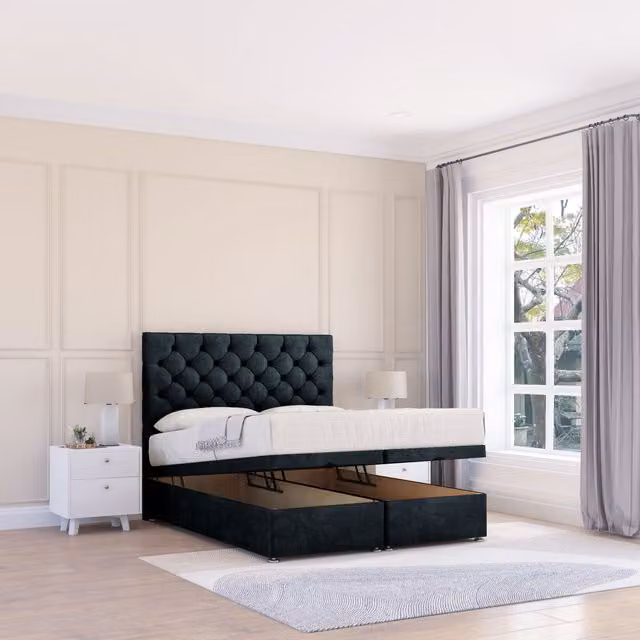 Sloomy Mayfair Naples Black Fabric Ottoman Bed with Sprung Memory Mattress and 26 Inch Strut Headboard, Single, W/D/H: 90 x 190 cm