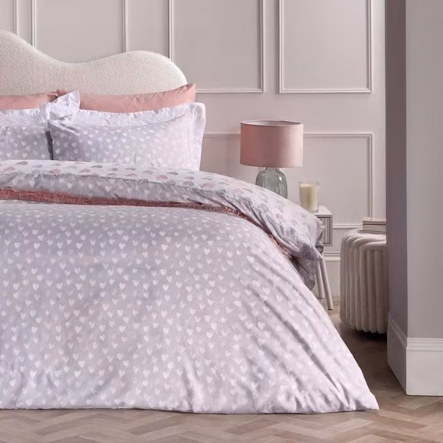 OHS Watercolour Hearts Reversible Microfibre Duvet Cover and Pillowcase Set in Light Grey, Double (140 x 200 cm)