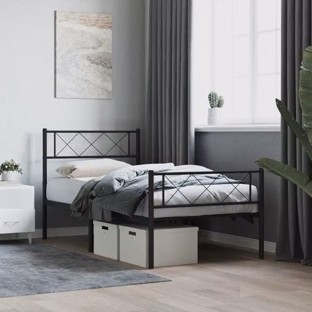 Berkfield Home Metal Small Single Bed Frame with Headboard and Footboard, Black, W: 75 cm, L: 190 cm
