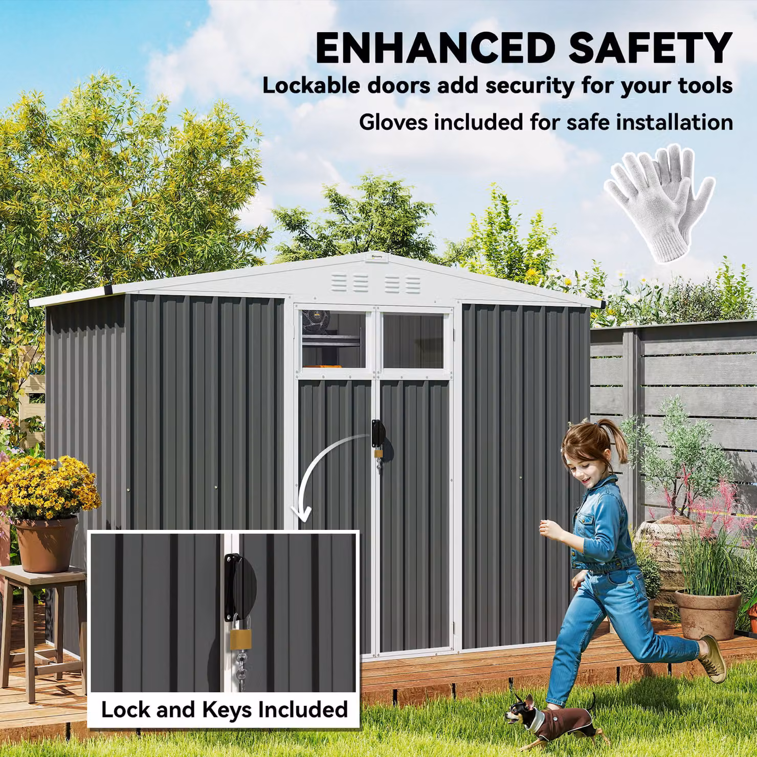 Outsunny Galvanised Steel Garden Storage Shed with Window and Lockable Double Doors, Dark Grey, W/D/H: 243.8 x 121.9 x 180.0 cm – 5