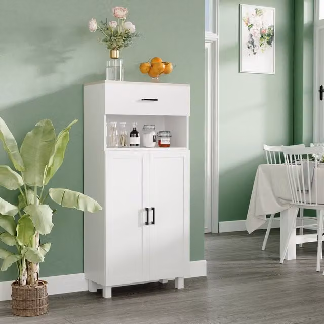 HOMCOM Nordic Kitchen Storage Cabinet with Drawer and Open Counter in White and Natural Wood Effect