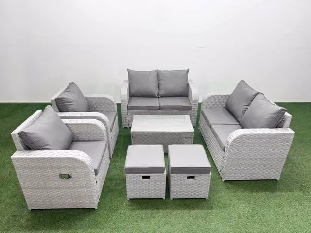 Fimous 8 Seater Rattan Garden Furniture Set in Light Grey with Reclining Chairs, L-Shape Sofa, Coffee Table and Ottomans