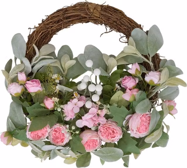 Lifeideas Pink Artificial Peony and Bunny Ear Rattan Wreath