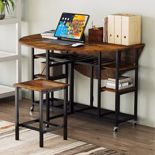 COSTWAY 3-Piece Round Folding Dining Table and Benches Set in Brown