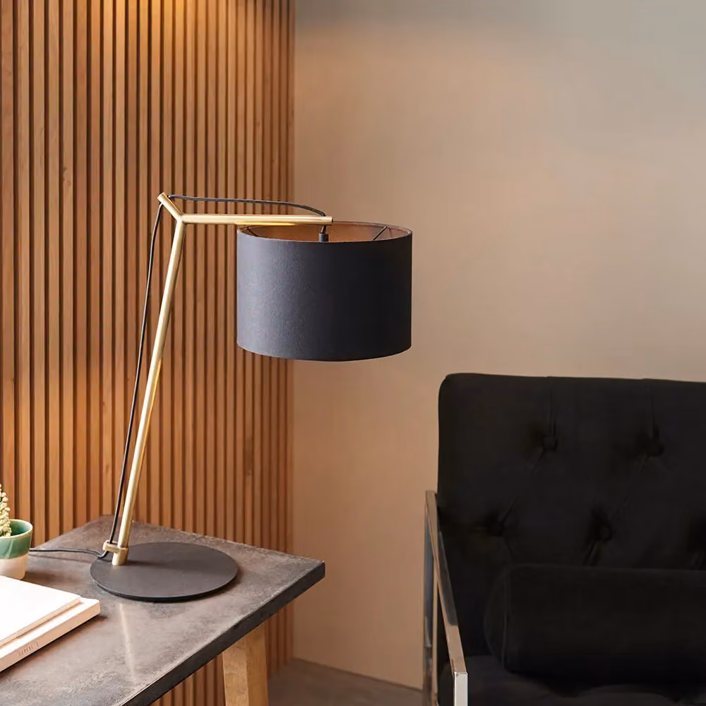 Loops Brass Plated Angular Table Lamp with Black Base and Fabric Shade – 2