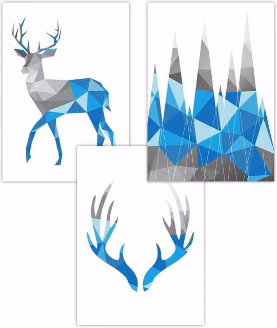 ARTZE Set of 3 Geometric Blue and Grey Stag Art Posters, W: 50 cm, H: 70 cm