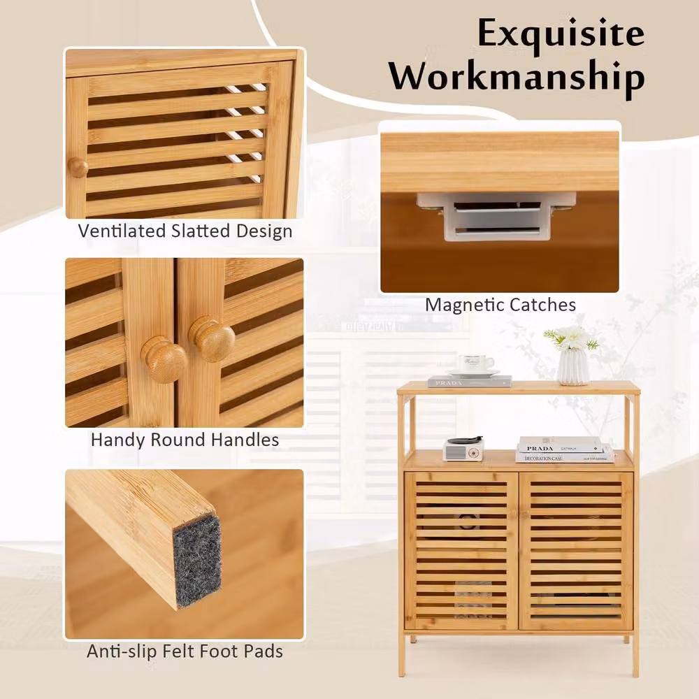 CASART Freestanding Bamboo Bathroom Storage Cabinet with Hinged Doors and Internal Shelves in Brown – 3