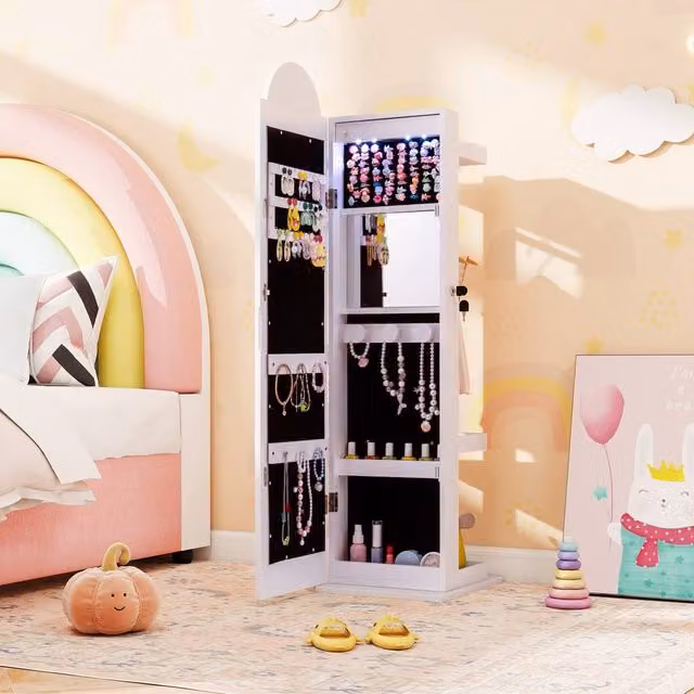 Gymax 3-in-1 Princess Jewellery Cabinet with Full-Length Mirror and Clothes Tree in White