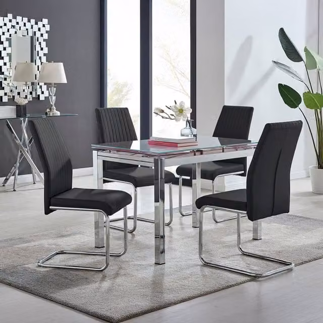 Furniturebox Enna White Glass Extending Modern Kitchen Dining Table and 4 Lorenzo Black Chairs