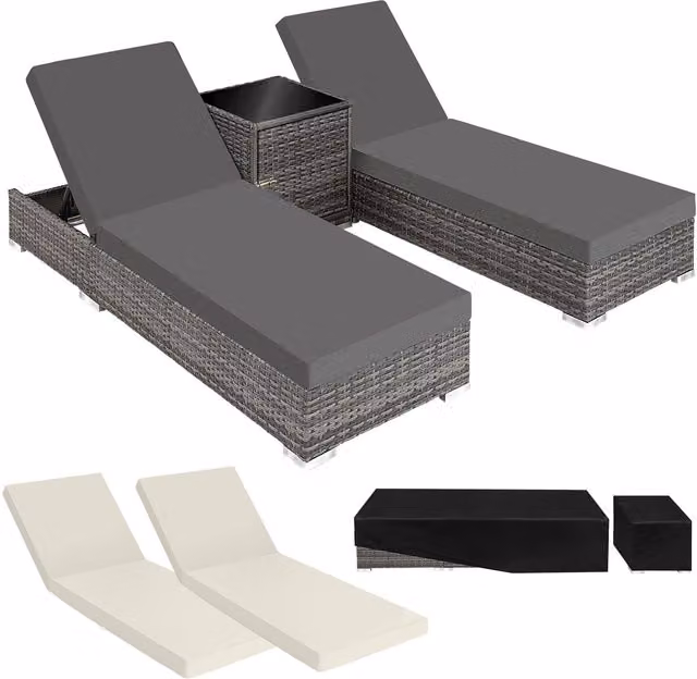 tectake 3-Piece Rattan Sun Lounger Set with Powder Coated Aluminium Frame, Side Tray and Weatherproof Cushions in Grey and Beige – 9