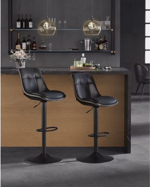 The Bazaarist Set of 2 Adjustable Quilted PU Leather Bar Stools in Ink Black