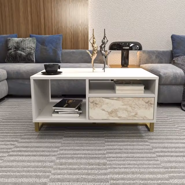 Decorotika Utopia Modern Rectangular Coffee Table in White and Gold