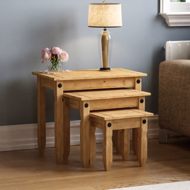 Vida Designs Corona Set of 3 Nesting Tables in Brown Waxed Pine