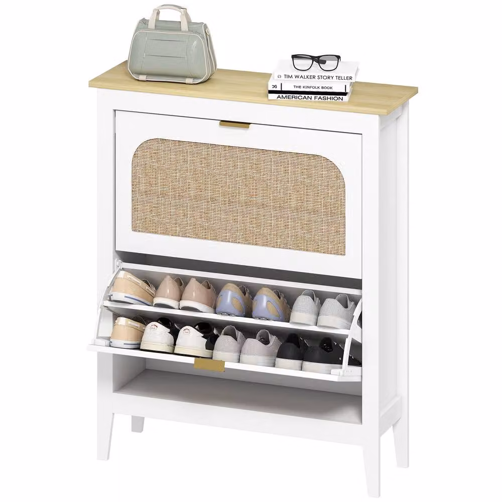 STILVORA White Slim Shoe Cabinet with Rattan Tilting Compartments and Internal Shelves – 2