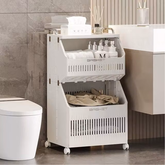 Komore Collapsible Plastic Laundry Basket on Wheels with Handles, White, Height: 72 cm