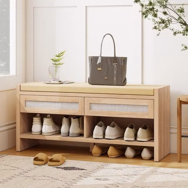 HOMCOM Boho Shoe Bench with 2 Rattan Drawers and Fabric Cushion in Oak Wood Effect