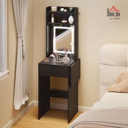 HOMCOM Modern Black Drop Leaf Dressing Table with Hollywood LED Mirror and Storage Shelves, W/D/H: 152 x 45 x 45 cm – 2